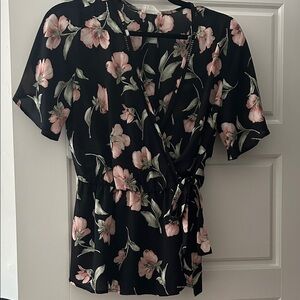 Floral Wrap Top - Black and Pink